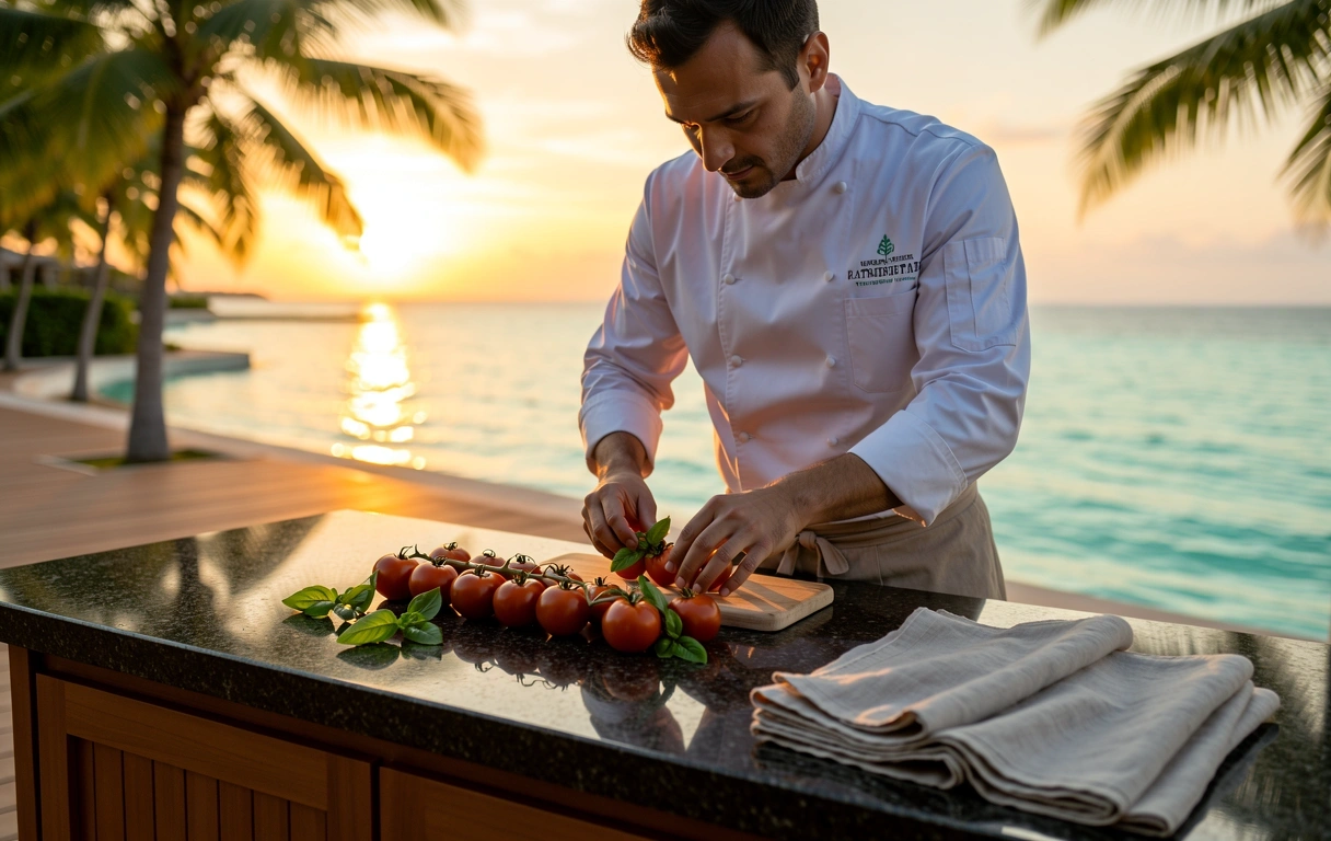 Chef prepara ingredienti freschi su piano in granito